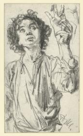Brustbild des Lorenzo Cocozza mit erhobener Hand und Details. Modellstudie zur "Piazza d'Erbe"