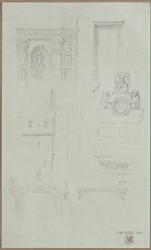 Entwürfe zu Säulen und Pilastern mit Figurenreliefs & Entwurf zu einem mittelalterlichen Gebäude & Entwürfe zu architektonischen Details