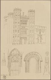 Mittelalterlicher Palast in England. Teilansicht. Gotisches Fenster, normännisches Portal und keltisches Kreuz