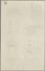 Ansicht eines mittelalterlichen Palastes, zwei romanische Tympana, Rundturm und romanische Kirchenfassade