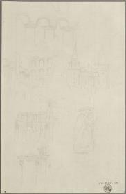 Palastruine mit romanischer Arkatur, Westfassade einer mittelalterlichen Kirche mit Ecktürmen und Lanzettfenstern, figurengeschmückte Kirchenwand, Konsolfigur des St. Michael als Drachentöter und Portal