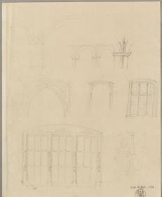 Pfeiler mit Gewölbeansätzen, Rund- und Spitzbogenarkaden, elisabethanische Palastfassade mit Figuren, dreigeteiltes Segementbogenfenster