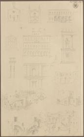 Mittelalterliche italienische Kirchenfassaden, Rathaus- und Palastfassaden, Eckansicht eines Renaissancepalastes und Ansichten eines Burgpalastes mit Freitreppe