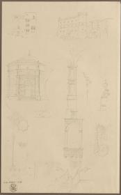 Mittelalterliche Palast- und Burganlage, Ansicht eines oberitlienischen Baptisteriums mit vielen Details, Freitreppe