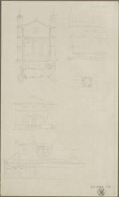 Kirchenfassade mit Rundbogen und Seitenansicht, Landhaus und Brunnen