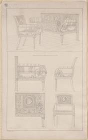 Vorzeichnung für die Vorbilder für Fabrikanten und Handwerker. Teil 2, Abteilung 2, Blatt 14: Entwurf für einen Armlehstuhl und ein Sofa für das Palais des Prinzen Albrecht von Preußen in der Wilhelmstraße 102, Berlin