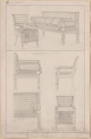 Vorzeichnung für die Vorbilder für Fabrikanten und Handwerker. Teil 2, Abteilung 2, Blatt 17: Entwurf für einen Armlehstuhl und ein Sofa für das Palais des Prinzen Albrecht von Preußen in der Wilhelmstraße 102 in Berlin