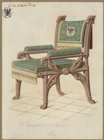 Berlin. Schloss, Wohnung Kronprinz Friedrich Wilhelms IV. von Preußen, Erasmuskapelle. Einrichtung zum Arbeitszimmer des Kronprinzen. Entwurf zu einem Sessel