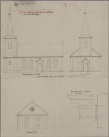 Drenzig (Drzeńsko, Kreis Weststernberg, Ostbrandenburg). Entwurf zum Neubau der Kirche. Aufrisse und Details