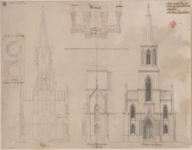Kostenblut (Kostomłoty, ehemals Kreis Neumarkt). Entwurf zum Neubau des Turms der katholischen Kirche. Grundrisse, Querschnitt und Aufrisse