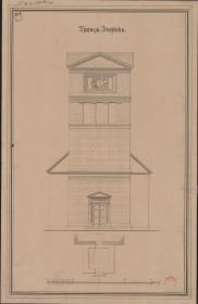 Hellenthal, Kirchseifen. Entwurf zum Neubau des Turms. Ansicht und Grundriss