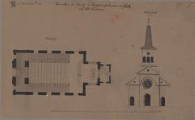 Voigtsdorf (Wójtowice, Schlesien). Entwurf zur katholischen Kirche. Aufriss der Turmseite und Grundriss