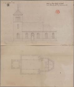 Polnisch Lonk (Polskie Ląki), ehem. Regierungsbezirk Marienwerder, Kreis Schwetz (Woidwodschaft Kujawsko-Pomorskie). Entwurf zur katholischen Kirche. Seitenansicht und Grundriss
