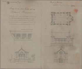 Gleiwitz (Gliwice, Schlesien). Entwurf zu einer Kirche auf dem Hüttenwerk Malapane. Grundriss, Aufrisse, Detail des Hauptgesimses