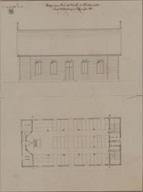 Fürstenwalde (Kięży Lasek), ehemals Kreis Ortelsburg, Regierungsbezirk Gumbinnen (Województwo Warmińsko-Mazurskie). Entwurf zur evangelischen Kirche. Grundriss und Seitenansicht