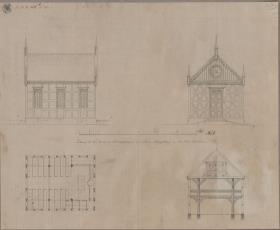 Döringshagen (Wołowiec), ehemals Kreis Naugard, Regierungsbezirk Stettin (Województwo Zachodniopomorskie). Entwurf zu einer Kirche. Grundriss, Ansichten und Querschnitt