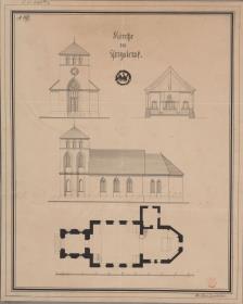 Przysiersk, ehem. Kreis Schwetz, Regierungsbezirk Marienwerder (Województwo Kujawsko-Pomorskie). Korrekturentwurf zu Katholischen Kirche. Grundriss, Ansichten und Querschnitt