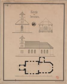 Jeszewo (Jeżewo), ehemals Kreis Schwetz, Regierungsbezirk Marienwerder (Województwo Kujawsko-Pomorskie). Korrekturentwurf zur katholischen Kirche. Grundriss, Ansichten und Profil