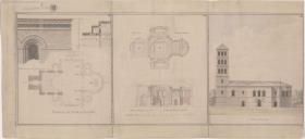 Neuwalde. Entwurf zu einer Kirche. Grundriss, Seitenansicht, Schnitte und Details