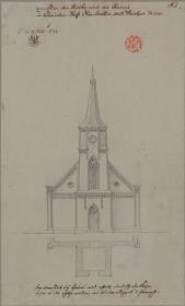 Neutrebbin. Entwurf zur Dorfkirche. Aufriss der Hauptseite und Grundriss