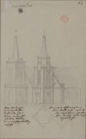 Neutrebbin. Entwurf zur Dorfkirche. Ansicht mit Turm