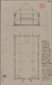 Neutrebbin. Entwurf zur Dorfkirche. Grundriss und Querschnitt