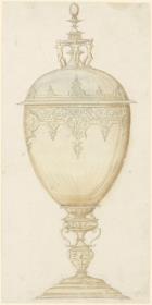 Ei-förmiger Pokal mit Deckelfiguren