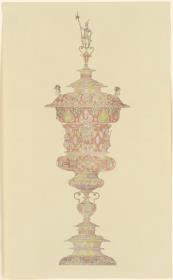Deckelpokal, farbig bemalt und verziert,  Krieger mit Hellebarde und zwei behelmte Köpfe auf dem Deckel