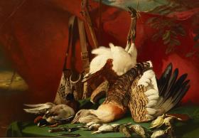 Stilleben. Trappe, Ente und Krammetsvögel