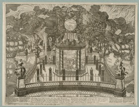 Darstellung des Feuerwerks anlässlich des Sieges der Niederlande über Frankreich und Spanien in der Seeschlacht bei Vigo am 23. Oktober 1702