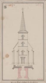 Schwelm. Entwurf zur katholischen Kirche. Grundriss und Vorderansicht des Turms