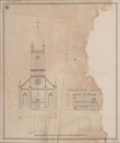 Crossen (Krosno Odrzańskie), Vorstadt Berg. Entwurf zur St. Andreas Kirche. Turmansicht, Grundriss, Querprofil und Teil des Grundrisses