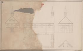 Neuastenberg bei Winterberg. Entwurf zur katholischen Kirche. Grundriss, Seiten-, Vorder- und Hinteransicht, Profil des Dachverbands