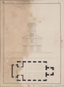 Schönberg in Belgien, ehemals Kreis Malmedy, Regierungsbezirk Aachen. Entwurf zu einer Kirche. Grundriss und Vorderansicht mit Turm