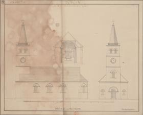 Schönlanke (Trzcianka), ehemals Kreis Czarnikau, Regierungsbezirk Bromberg (Województwo Wielkopolskie). Entwurf zur katholischen Kirche. Querprofil, Seiten- und Vorderansicht