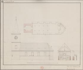 Garlitz (Märkisch Luch) in Brandenburg. Entwurf zu einer Kirche. Seitenansicht, Grundriss und Querprofil