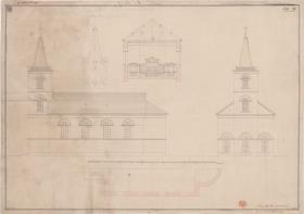 Essen, Rellinghausen. Entwurf zur katholischen Pfarrkirche St. Lambertus. Ansichten und Querprofil