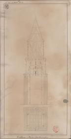 Pegelow (Gogolewo), ehemals Kreis Saatzig (Województwo Zachodniopomorskie). Entwurf zur Kirchturmspitze. Aufriss des Turms, Balkenlage im Grundriss und Aufriss