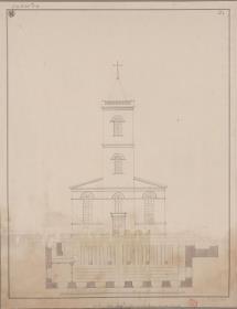 Schöndorf (Regierungsbezirk Liegnitz). Entwurf zur evangelischen Kirche. Aufriss und Teilgrundriss