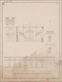 Schöndorf (Regierungsbezirk Liegnitz). Entwurf zur evangelischen Kirche. Aufriss der Seitenfassade und einer Fensterachse, Schnitt