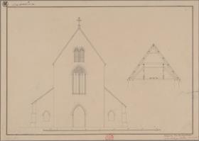 Velgast, Starkow. Entwurf zu einer Kirche. Vorderansicht und Profil des Dachverbands