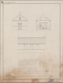 Großenhagen, ehemals Kreis Naugard, Regierungsbezirk Stettin (Województwo Zachodniopomorskie). Entwurf zu einer Kirche. Grundriss, Querprofil, Seiten- und Vorderansicht