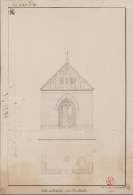 Michelau, ehemals Kreis Brieg, Regierungsbezirk Breslau (Województwo Opolskie). Entwurf zu einer Kirche. Vorderansicht und Teil des Grundrisses