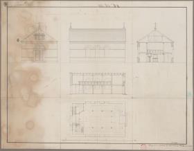 Lautenburg (Lidzbark), ehemals Kreis Strasburg, Regierungsbezirk Marienwerder (Województwo Warmińsko-Mazurskie). Entwurf zur  evangelischen Kirche. Grundriss, Vorder- und Seitenansicht, Quer- und Längenprofil