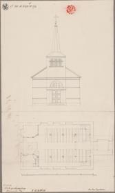 Lautenburg (Lidzbark), ehemals Kreis Strasburg, Regierungsbezirk Marienwerder (Województwo Warmińsko-Mazurskie). Entwurf zur  evangelischen Kirche. Grundriss und Vorderansicht