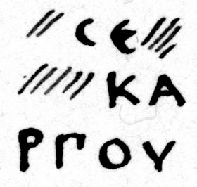 Viereckige Bleiplatte mit sechs viereckigen Vertiefungen am Rand, in einer die griechischen Buchstaben CE / ΛΥΚ (ein Gewicht ?)