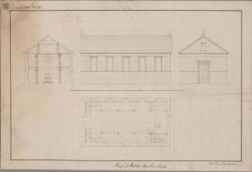 Balster, ehemals Kreis Dramburg, Regierungsbezirk Köslin (Województwo Zachodniopomorskie). Entwurf zu einer Kirche. Grundriss, Querprofil, Seiten- und Vorderansicht