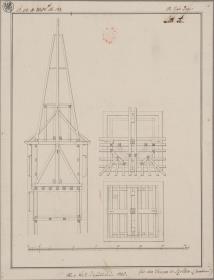 Szillen (Schilino), ehemals Kreis Tilsit, Regierungsbezirk Gumbinnen (Rayon Njeman). Konstruktion des Turmhelms der evangelischen Kirche. Grundriss und Durchschnitt der Spitze
