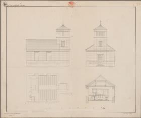 Klein Leistikow (Lestkowo), ehemals Kreis Naugard, Regierungsbezirk Stettin (Województwo Zachodniopomorskie). Entwurf zu einer Kirche. Grundriss, Querprofil, Vorder- und Seitenansicht