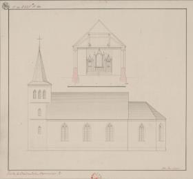 Breitenstein (Dobino), ehemals Kreis Deutsch Krone, Regierungsbezirk Marienwerder (Województwo Kujawski-Pomorskie). Entwurf zur katholischen Kirche. Seitenansicht und Querschnitt zum Chor
